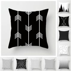 black and white pillows with arrows on them, all in different shapes and sizes are shown