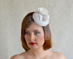 White Bridal Pillbox Hat with Hand Made Silk Flowers - Optional Birdcage Veil in 2 Sizes - White Bridal Fascinator - White Wedding Hat by RUBINAMillinery on Etsy https://www.etsy.com/listing/192214076/white-bridal-pillbox-hat-with-hand-made White Cloche Headpiece For Wedding, White Cloche Wedding Headpiece, White Cloche Mini Hat For Wedding, Bridal Birdcage Veils, Rockabilly Wedding, Bridal Fascinator, Bridal Headwear, Birdcage Veil, Wedding Hat