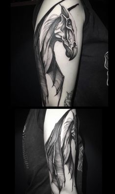 two pictures of a man's arm with a horse and wings tattoo on it