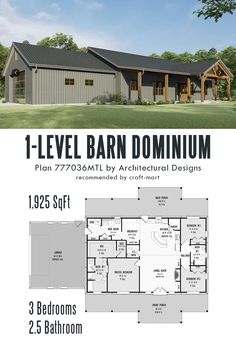 the floor plan for a two story barn with an open living area and lofts