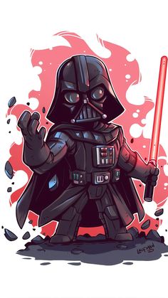 a darth vader cartoon character holding a red light saber in his right hand