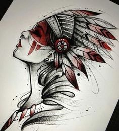 a drawing of a woman with feathers on her head