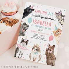 a birthday party with cupcakes and cats on the front, along with a card that says calling all paws by animals is inabella turning three