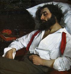 a painting of a man with a beard sitting on a chair in front of a rose