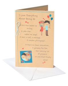 a greeting card with an illustration of a boy and girl hugging each other on the front