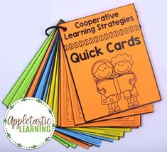 four cards with the words cooperative learning strategy on them and an image of two children hugging each other