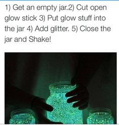 glow jars filled with glowing green glitters in the dark, and someone holding one