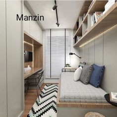 a small bedroom with a bed, desk and bookshelf in the corner next to it