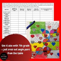 an image of valentine's day worksheet for 3rd grade students with the text, use it also with 7th grade - just cross out angle pairs from the table