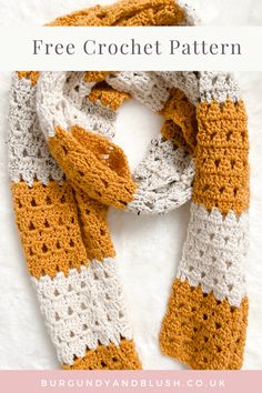 an orange and white crocheted scarf with text that reads granny scarf free crochet pattern