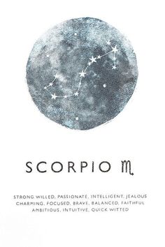 the zodiac sign scorpio m is shown in black and white with stars on it