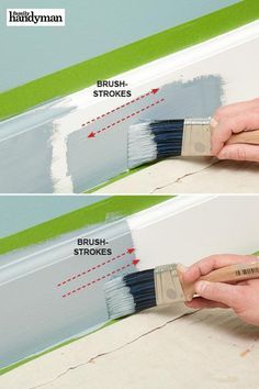 two pictures showing how to paint the trim on a wall with blue and green stripes