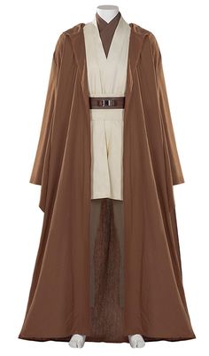 a star wars costume is shown with a brown robe and white shirt on it's chest