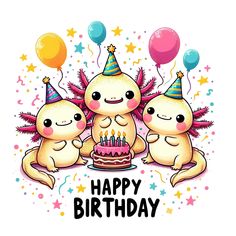 three cartoon animals with birthday hats and balloons on their heads are sitting in front of a cake that says happy birthday