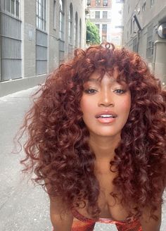 Keke Big Bouncy Hair 90s, Copper Hair On Mixed Women, Dark Copper Hair Curly, Cooper Hair Color Curly, Peekaboo On Curly Hair, Cooper Hair Color Black Women, Copper Balayage Curly Hair, Auburn Hair Black Women, Cool Tone Red Hair