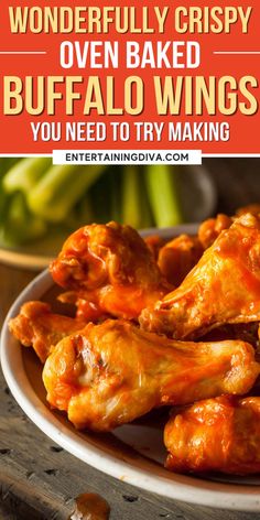 a plate full of baked buffalo wings with the title overlay reading wonderful crispy oven baked buffalo wings you need to try making