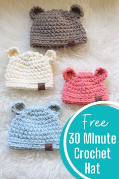 four crocheted hats with the text free 50 minute crochet hat