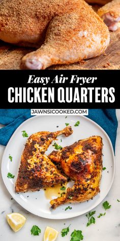 easy air fryer chicken quarters on a plate with lemon wedges and parsley