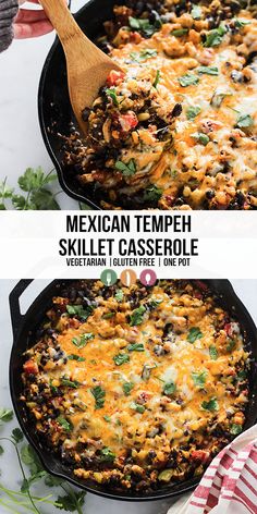 mexican tempeh skillet casserole is shown in two different pans