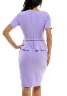 Boat Neck Peplum Dress | Nina Leonard Women's Boat Neck Peplum Dress Chic Peplum Midi Dress For Work, Chic Peplum Dress For Office, Chic Peplum Office Dress, Chic Office Peplum Dress, Summer Peplum Workwear Dress, Summer Peplum Dress For Work, Summer Workwear Peplum Dress, Feminine Purple Dress For Work, Boat Neck