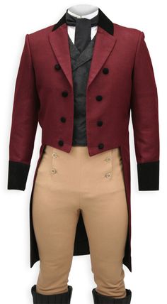 I think you need one of these outfits ;) Burgundy Regency Coat over your shoulders and cut a gallant figure at your next festive event. Designed in the cut-away style found in early 19th century fashion, this men’s coat is ideal with our Fall Front Trousers for a true period look. Early 19th Century Fashion, Fall Fashion Coats, Regency Dress, 19th Century Fashion, Period Outfit, Century Clothing