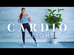 a woman is doing cardio and weights in front of a plant