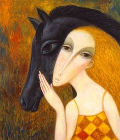 a painting of a woman with a horse's head on her shoulders and hands to her face