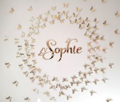 the word sopple surrounded by butterflies in gold and silver on a white background