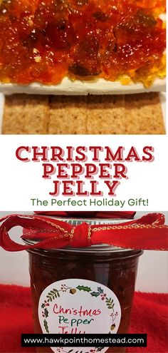 christmas pepper jelly in a glass jar next to crackers