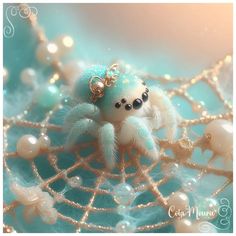 a close up of a small toy spider on a lace doily with pearls and beads