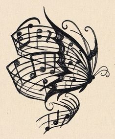 a butterfly with musical notes on it's wings is drawn in black and white