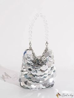 Bird in Bag - Silver Sequin Evening Bag with Handle, Perfect for Special Occasions Silver Bucket Shoulder Bag For Party, Silver Bucket Evening Bag, Silver Tote Bag For Party, Silver Rectangular Bucket Bag For Party, Formal Silver Hand-embellished Bag, Silver Hand-embellished Bag For Events, Silver Evening Shoulder Bag With Silver-tone Hardware, Silver Evening Bag With Silver-tone Hardware, Party Shoulder Bag With Silver-tone Hardware In Metallic Silver