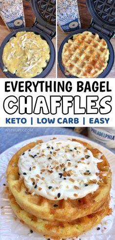 three different types of waffles with cream on top and the words, everything bagel chapples keto low carb i easy