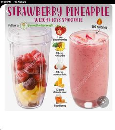 a blender with strawberries and pineapple in it next to a smoothie