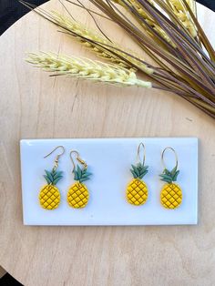 Polymer clay earrings in brass hoops Flamingo Polymer Clay Earrings, Tropical Clay Earrings, Polymer Clay Banana Earrings, Pineapple Polymer Clay Earrings, Pineapple Earrings, Brass Hoops, Earrings Hoop, Lightweight Earrings, Small Earrings