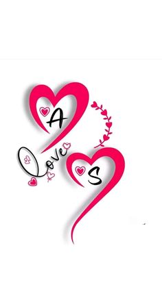 two hearts with the word love written on them in black and pink ink, against a white background