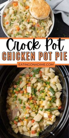 the chicken pot pie is ready to be served in the crock pot for dinner