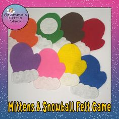 the mittens and snowball felt game is shown in front of a pink background