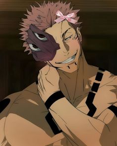 an anime character with pink hair wearing a black and white outfit, holding his hand to his face