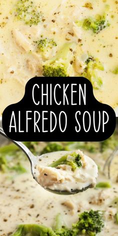 chicken alfredo soup with broccoli in a white bowl