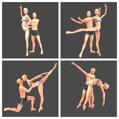 four different poses of a man and woman in swimsuits, one holding the other's leg