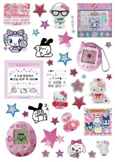 hello kitty stickers are on display with other items in the back ground and stars around them