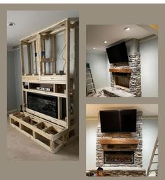 several different pictures of a fireplace being built