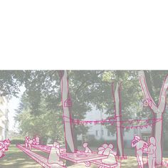 an image of people playing in the park with pink paper cut outs on them and trees