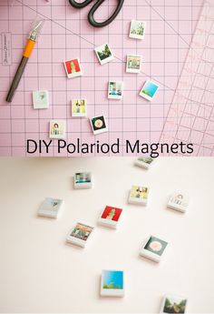 a collage of polaroid magnets and a pair of scissors on a table