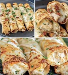 several pictures of different types of food on a plate and in the middle one has chicken, cheese, and spinach wrapped in tortilla