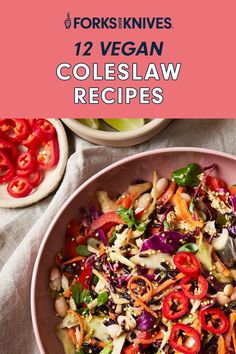 a bowl filled with coleslaw and red peppers