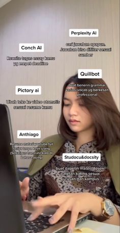 a woman sitting in front of a laptop computer on top of a desk with words above her