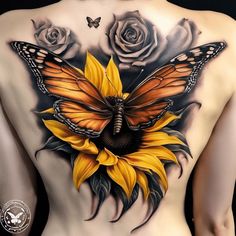 a woman's back with a butterfly and sunflower tattoo on it