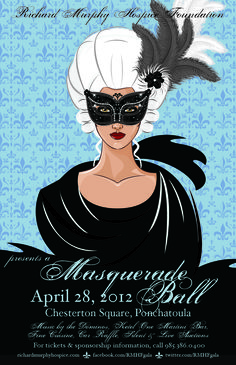 an advertisement for the masquerade ball with a woman wearing a mask and feathers on her head